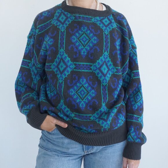 Sweaters - Vintage Stylewise Grey Blue Knit Geometric Shapes Aztec 90's Crewneck Sweater L